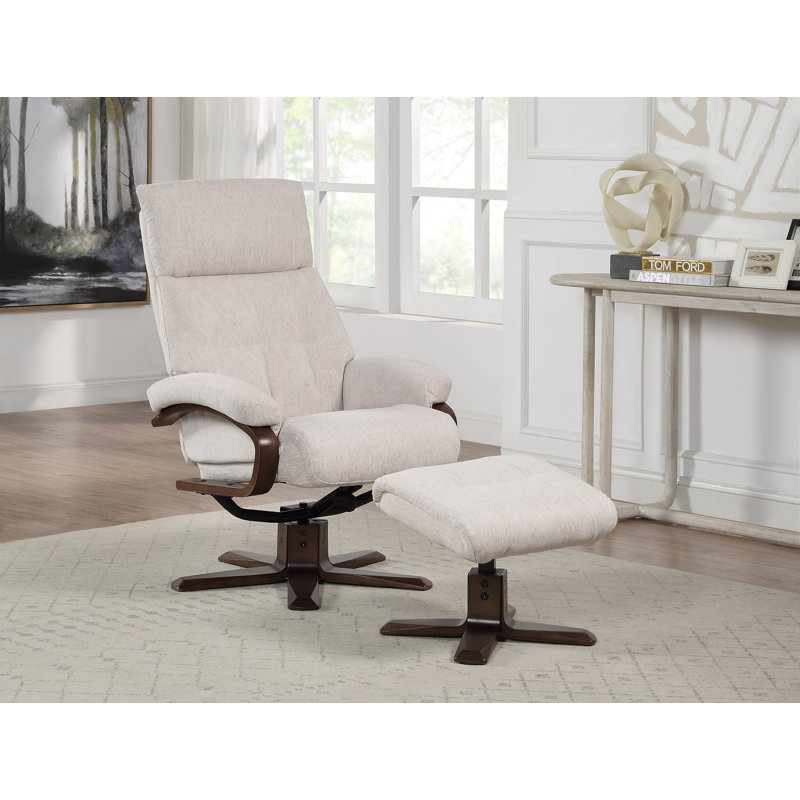 Comacho 75.6cm Wide Swivel Standard Recliner, Beige, Dark Brown Wood