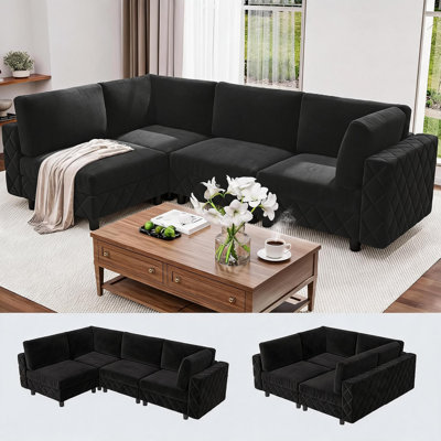 Canapé d'angle modulaire surdimensionné de 262 cm (103 po) - Assise profonde, confort moelleux, supporte jusqu'à 544 kg (1 200 lb), canapé-lit en velours pour salon ou appartement - Conception sans armature, flanelle noire, taille moyenne