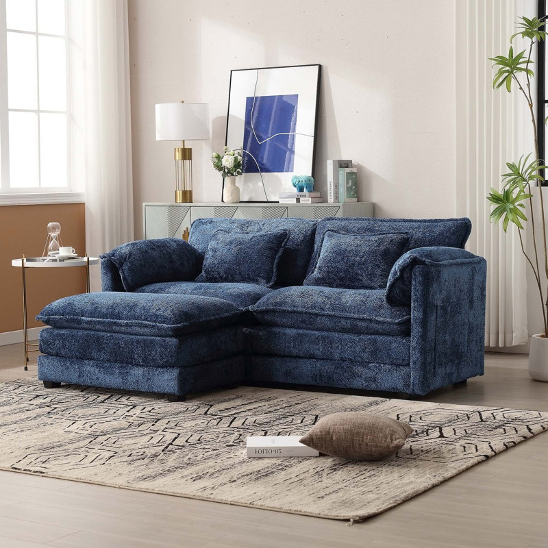 76.77" Chenille Loveseat With Ottoman, Blue Chenille