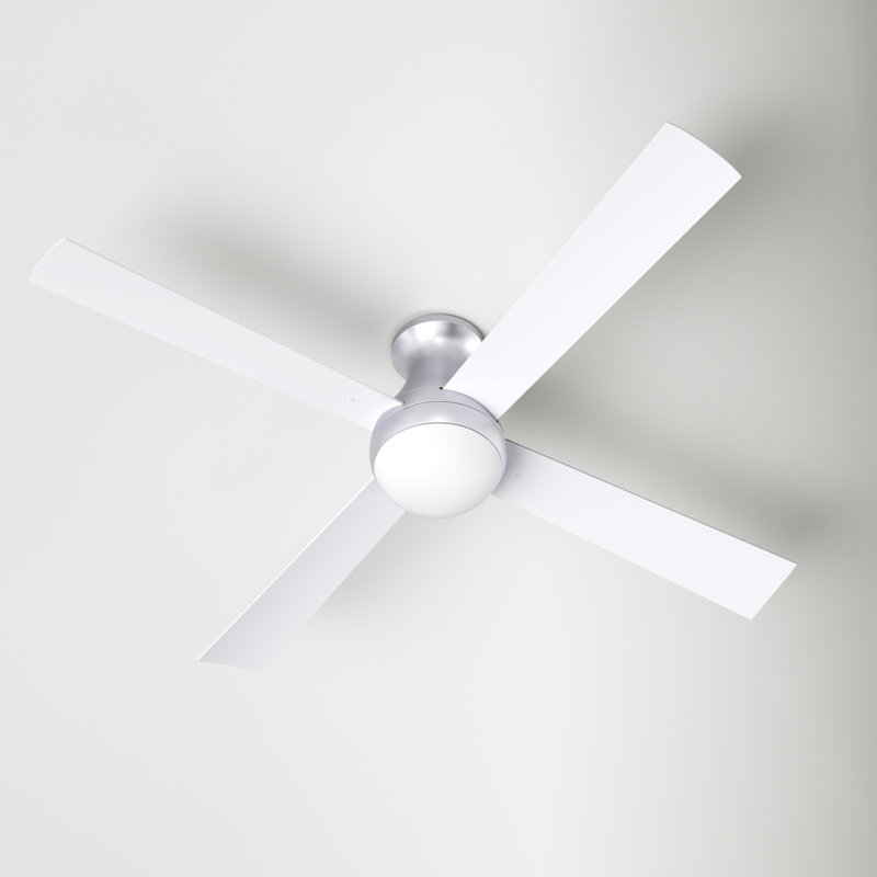 LED Flush Mount Ceiling Fan, Brushed Aluminum, Wall Control with Remote Handset (2-wire), White