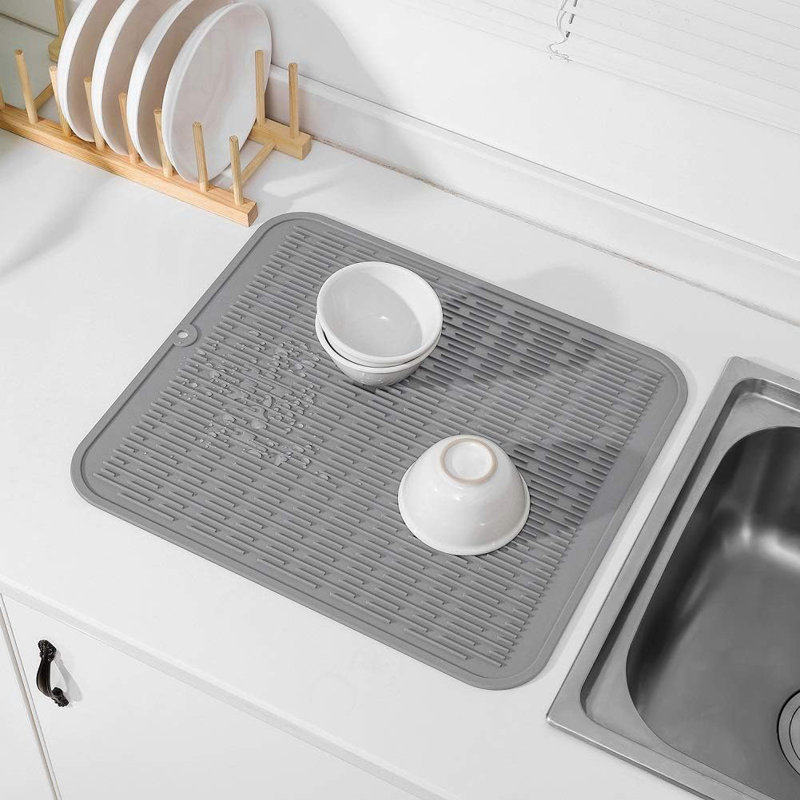 Silicone Dish Drying Mat For Kitchen Counter, Eco-Friendly Quick Dry Dish Mat, Easy Clean Multi Usage Drying Matt, Heat Resistant Trivet, 16" X 18" XL,