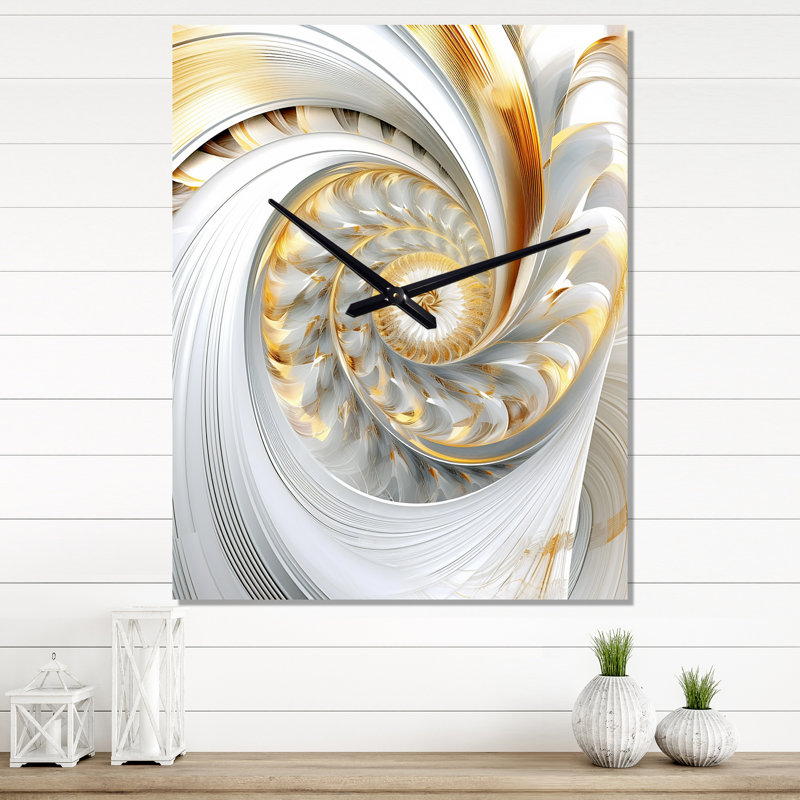 Whirling While Glam Fractals In Gold And White IV - Fractals Wall Clock, 40" H x 30" W x 1" D