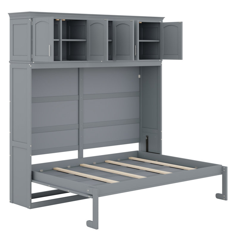 Lit escamotable en bois avec armoires supérieures, conception pliable peu encombrante, Double, Gris