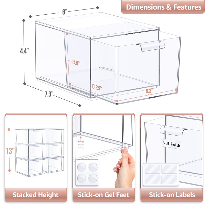  6 Pack Clear Stackable Acrylic Makeup Drawers and Vanity Organizers