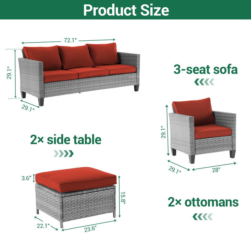 Ensemble de conversation d'extérieur pour 5 personnes avec coussins Abinayan, Rouge brique, Gris