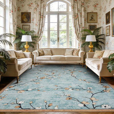 Area Rug for Living Room, Vintage Floral Rug, Washable Non Slip & Low Pile Carpet for Living Room, Bedroom, Dining Room