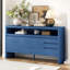 Buffet U_Style 60 po à 3 portes avec 3 tiroirs - Buffet moderne en placage de frêne massif, tablette semi-ouverte et découpe semi-circulaire centrale dans le panneau arrière, grande armoire de rangement pour le salon, le couloir et la salle à manger-1030937774