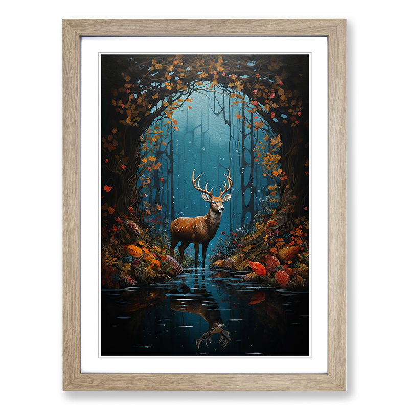 Deer Hard Edge - Single Picture Frame Print on Wood, 34cm H x 25cm W, Oak Framed