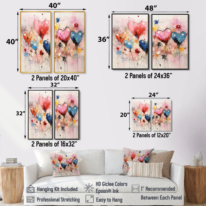Rose et bleu cœur Pop Art 1 - Art mural rose 2 pièces, 20" H x 24" W, Impression encadrée flottante, Brown
