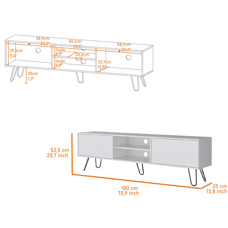 Table de télévision blanche avec une compatibilité de 55 po - Support fonctionnel intérieur et extérieur élégant pour tiroirs modernes organisés par écran