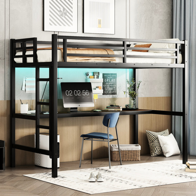 Lit mezzanine simple en métal avec bureau, prise de courant et bureau noir brillant pour chambre à coucher - Transformez votre espace