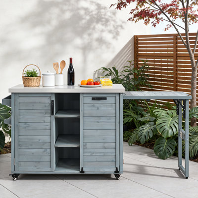 Outdoor Solid Wood Kitchen Island BBQ Prep Table with Foldable Table and Trash Cabinet
