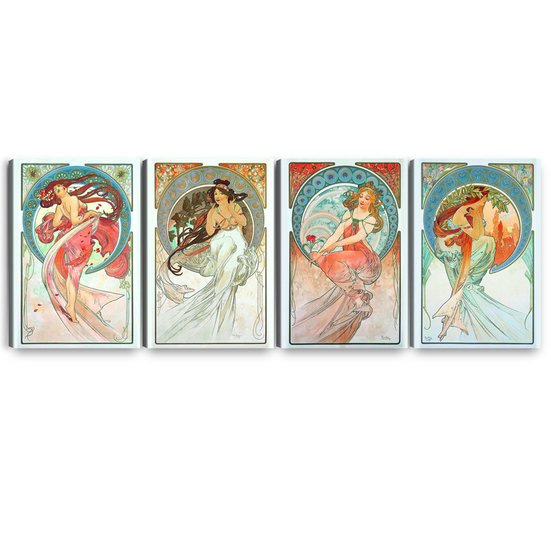 "The Arts" par Alphonse Mucha, art mural 4 panneaux pour décorations de bureau à domicile, estampe numérique sur toile 24 x 16 pouces x 4 pièces