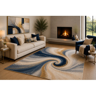 "Ultra Light Weight" Large 6'7" x 9'10"  Navy Swirl Area Rug for Living Room, Soft Low Pile Indoor Rug with Non-Slip Silicone Backing, Large Decorative Carpet for Bedroom, Dining Room and Office, Multicolored