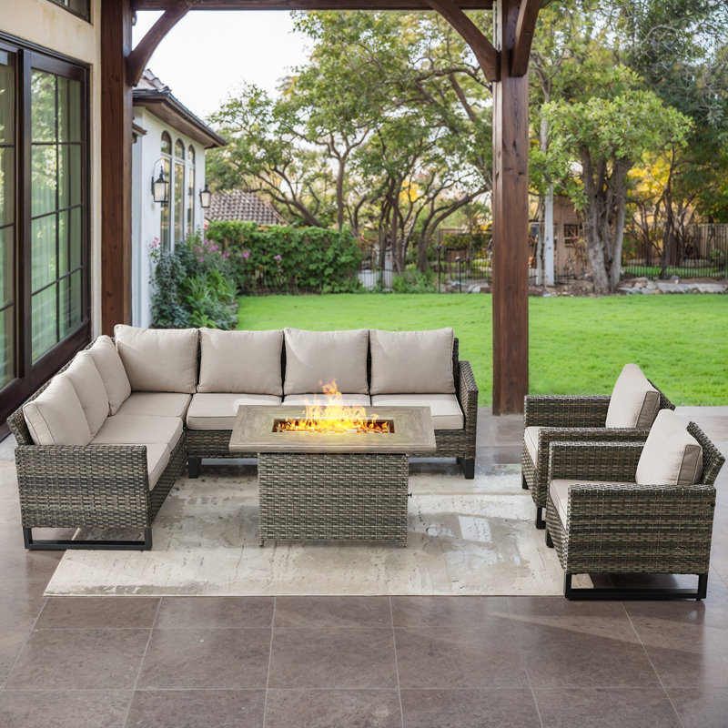 Ingvald 8- Person Outdoor PE Wicker Patio Seating Group with Fire Pit and Cushions, Gray, Beige