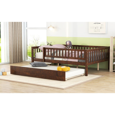 Quality Full Size Daybed With Trundle And Secure Fence Guardrails, Walnut Walnut Dependable Guardrails