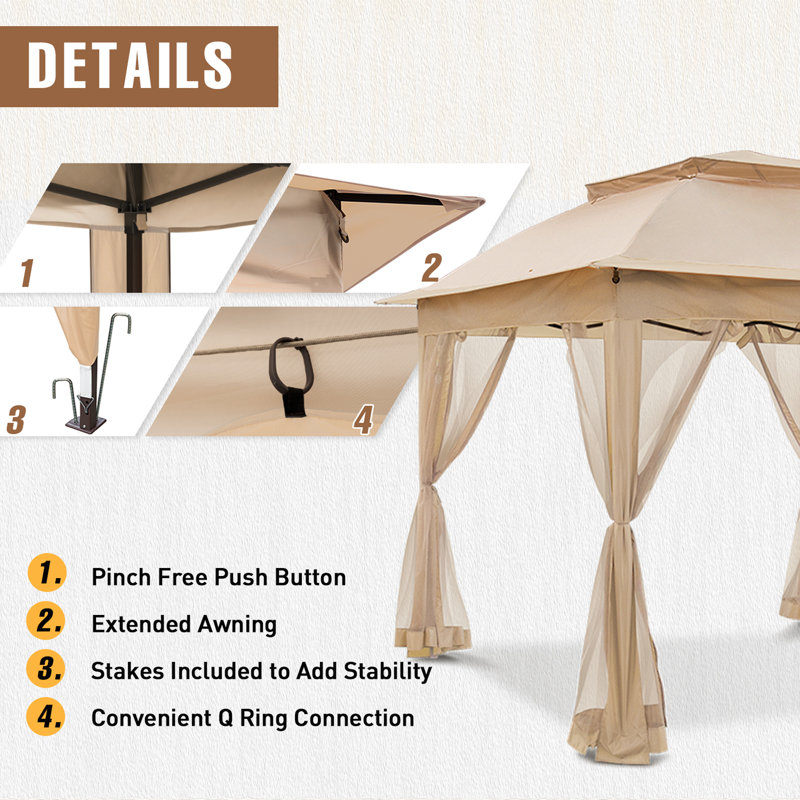 11 Ft. W x 11 Ft. D Pop Up Canopy Patio Gazebo with Mesh Wall, Khaki