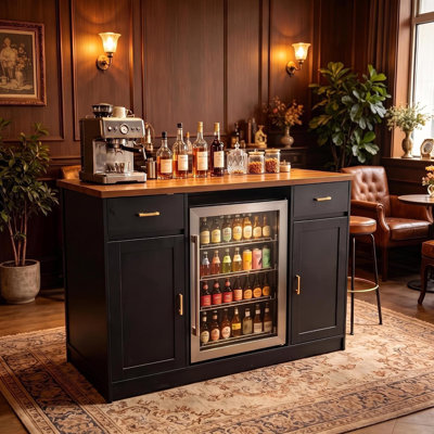 Meuble-bar à café avec compartiment réfrigérateur et station de recharge, support pour mini-réfrigérateur avec rangement pour bouteilles de vin et prises électriques, compatible avec un réfrigérateur de 61 cm (24 pouces), buffet/table d'appoint/meuble à vin pour cuisine ou salle à manger.