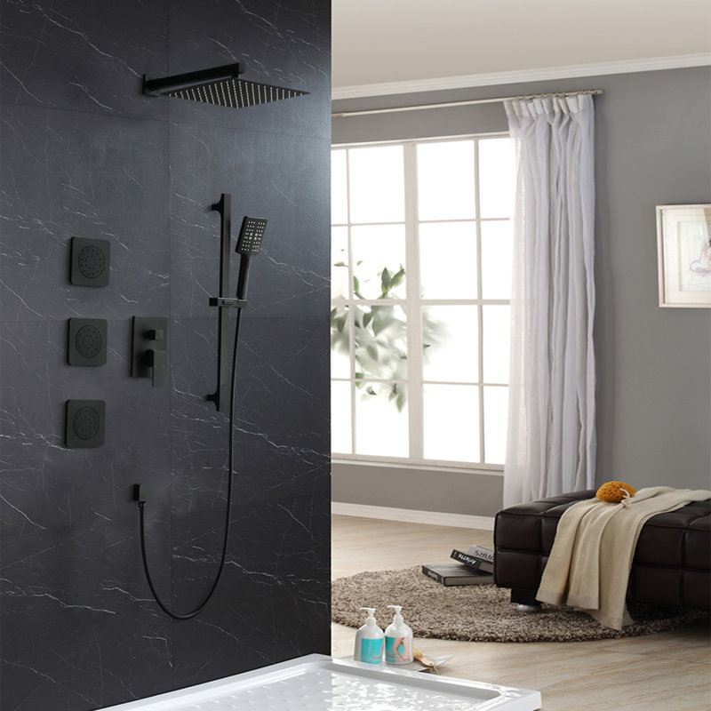 Shower System With 3 Body Jets,12 Inch Wall Mounted Rainfall Shower Set Rain Shower Head And Handheld Spray, Matte Black