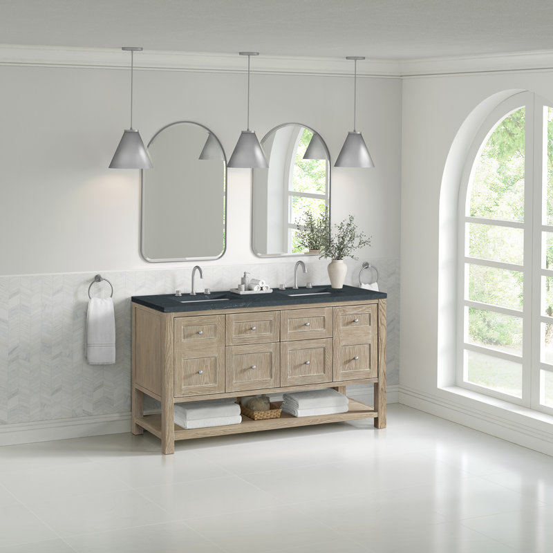 Breckenridge 60'' W Double Vanity, Charcoal Soapstone Silestone, Whitewashed Oak, Widespread