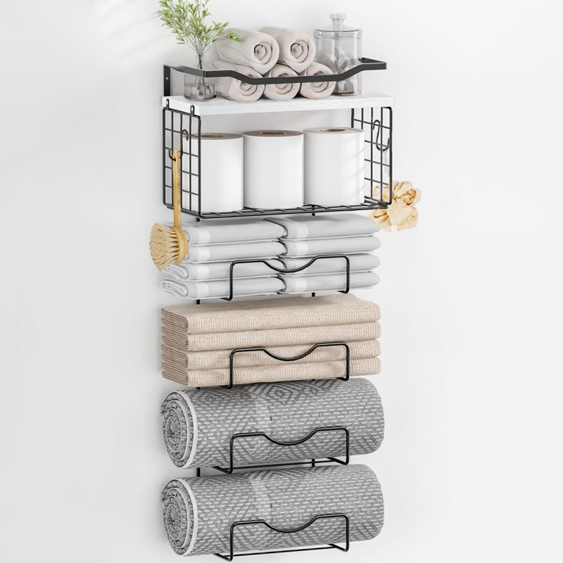 Porte-serviettes mural à 6 niveaux avec tablette, double usage pour serviettes roulées / pliées, White Plack