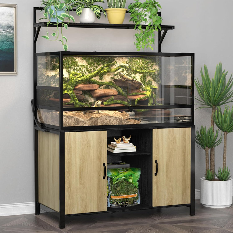  Support de terrarium pour reptiles avec armoire pour rangement d'accessoires 48 po x 24 po pour table pouvant accueillir jusqu'à 120 gallons de dragon barbu, terrarium de reptile, réservoir de tortues, bois naturel