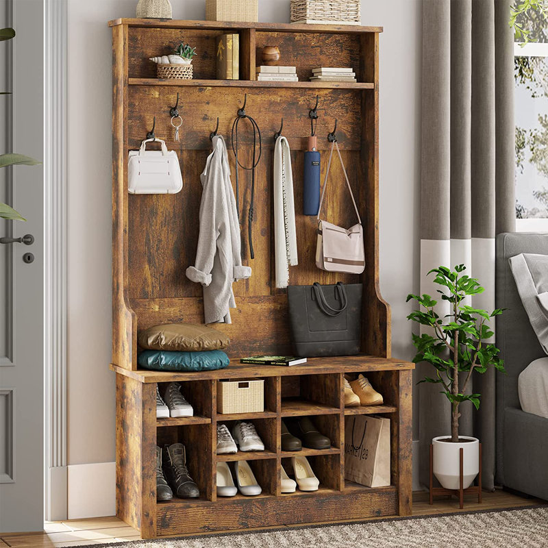 Auben Hall Tree 39.4'' Wide with Bench and Shoe Storage, Rustic Brown