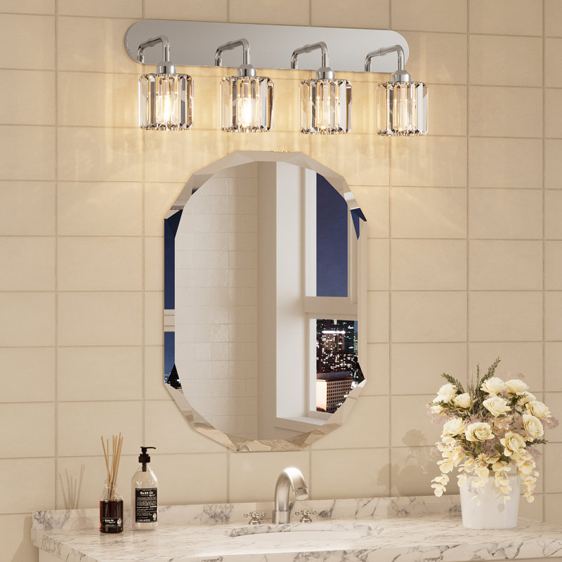 Éclairage de meuble-lavabo à intensité variable avec abat-jour en cristal, Chrome poli, Quatre lumières