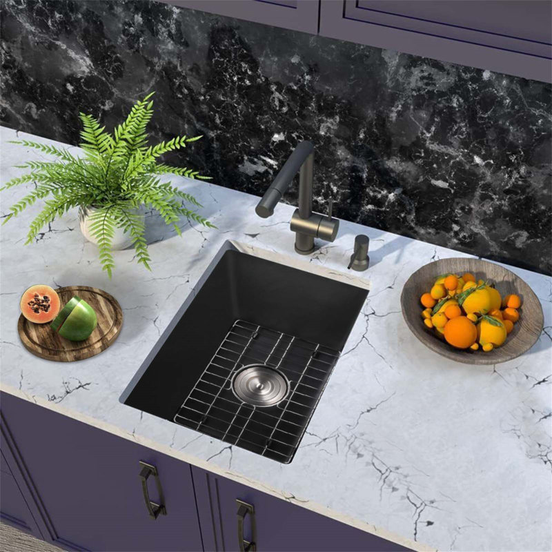 Quartz 13.77" L X 17.71" W Undermount Bar Sink With Basket Strainer