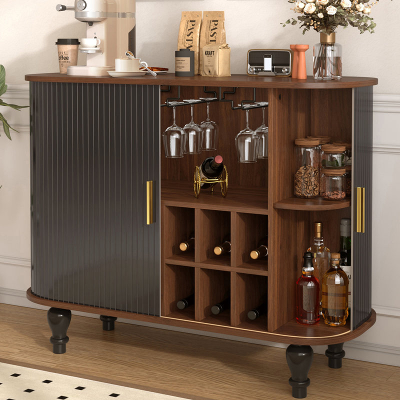 Buffet de bar 39 po avec porte-verres et porte-bouteilles 39 po Modern, Black/Walnut