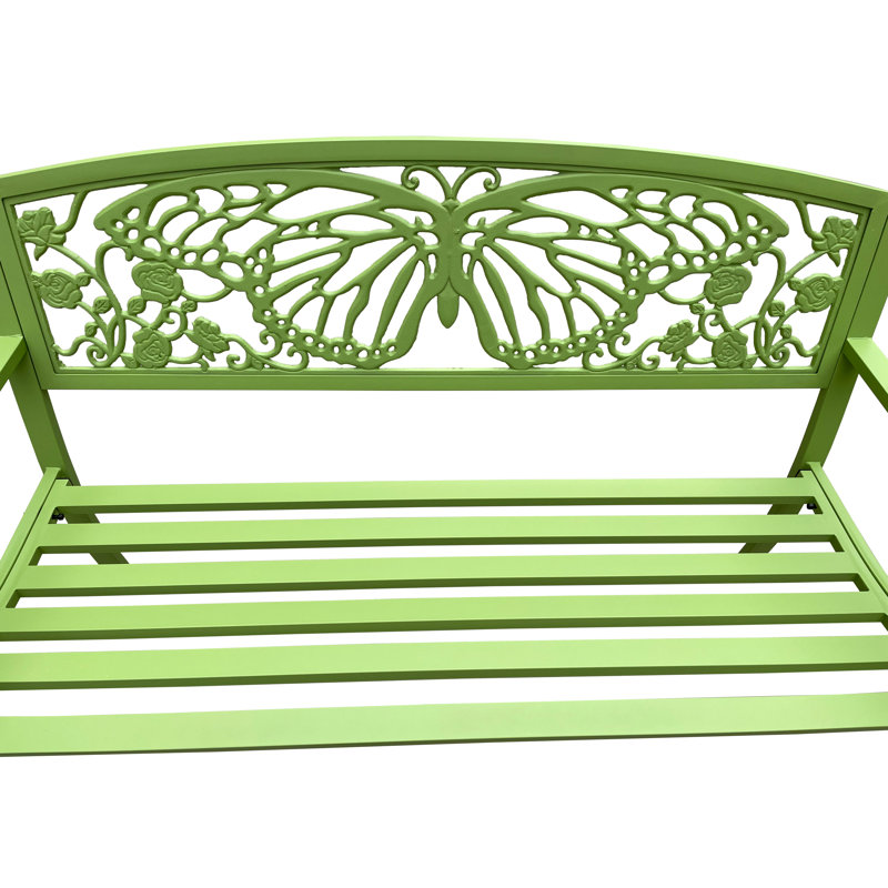 50" Green Metal Garden Bench with Butterfly Backrest Design