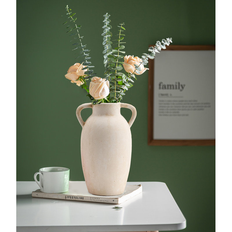 Ceramic Vase With Handle, Vintage Farmhouse Pottery Vase For Home Decor, Beige