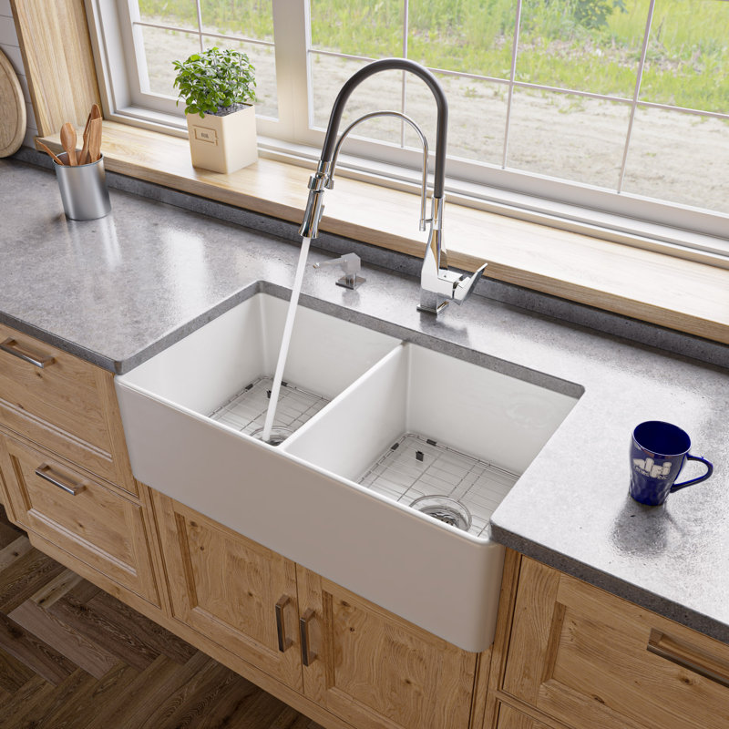 33'' L Double Bowl Fireclay Kitchen Sink, White