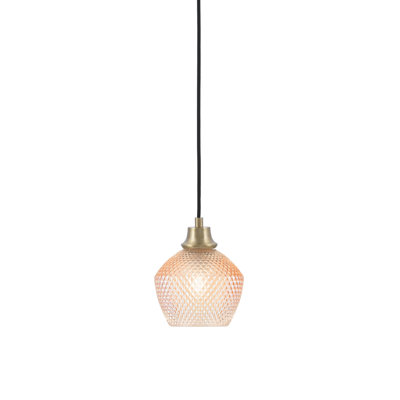 Creekmore Hung Pendant Shown In New Age Brass Finish With 6" Amber Textured Glass