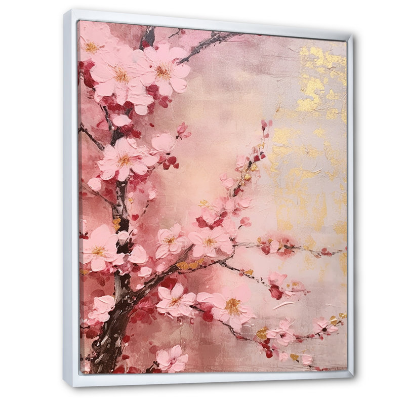 «Cherry Blossoms», collage rose foncé sur toile, Cadre flottant blanc, 32" H x 24" W