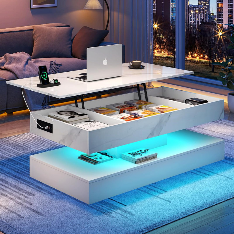 Table basse à plateau relevable de 39,4 po avec lumières DEL RVB APP, station de charge USB et CA, table de rangement réglable en hauteur ultrabrillante