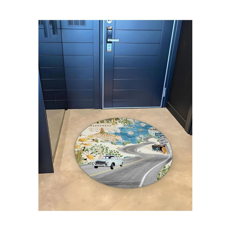 Nature Road Themed Car And Tiger Detailed Woven Base Modern Decorative Carpet, Round 5'