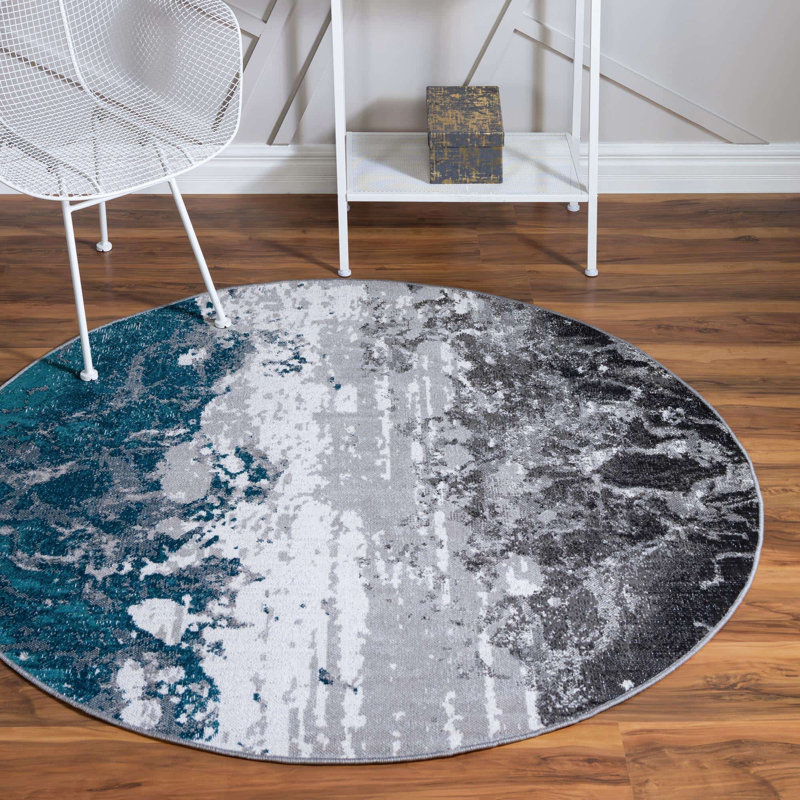 Tapis bleu/gris, Rond 5 pi 3 po