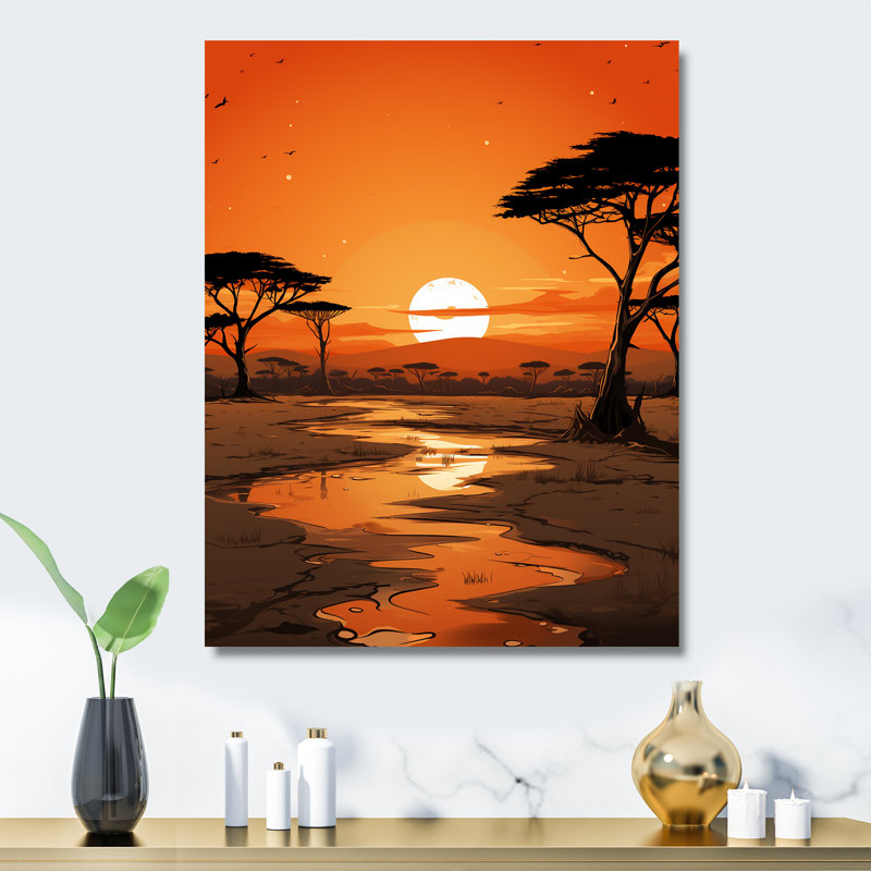 Coucher de soleil africain sur la rivière Jungle 3 - Art mural en métal Jungle, H 32 po x l 16 po x P 1 po