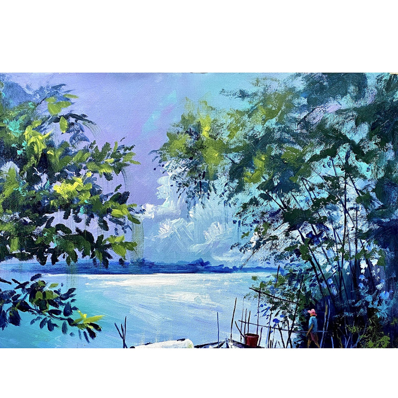 Bateau sur le lac | Peinture acrylique sur toile | Décoration murale