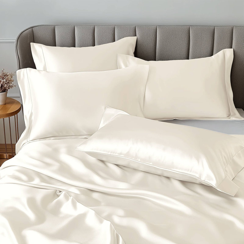 Satin Wrinkle Resistant Luxury Sheet Set, Ivory, Split King Sheet Set + 4 Standard Pillowcases