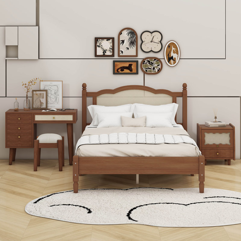 Ensemble de chambre à coucher 3 pièces avec cadre de lit en bois, 1 table de chevet rétro et 1 coiffeuse de maquillage avec tabouret Sicard