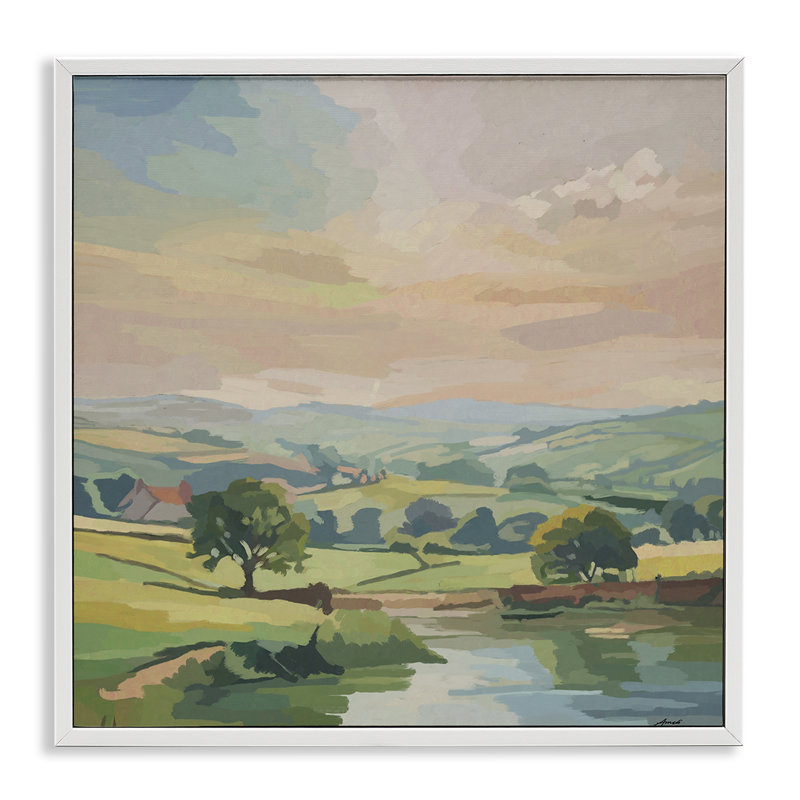 Paysage de campagne du Midwest, art giclée par Amelia Noyes, H 24 po x l 24 po, Estampe numérique encadrée blanc bord de mer