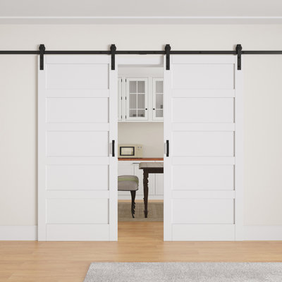 Portes doubles coulissantes de style grange, âme pleine, revêtement en PVC, prêtes à l'emploi, quincaillerie d'installation incluse.