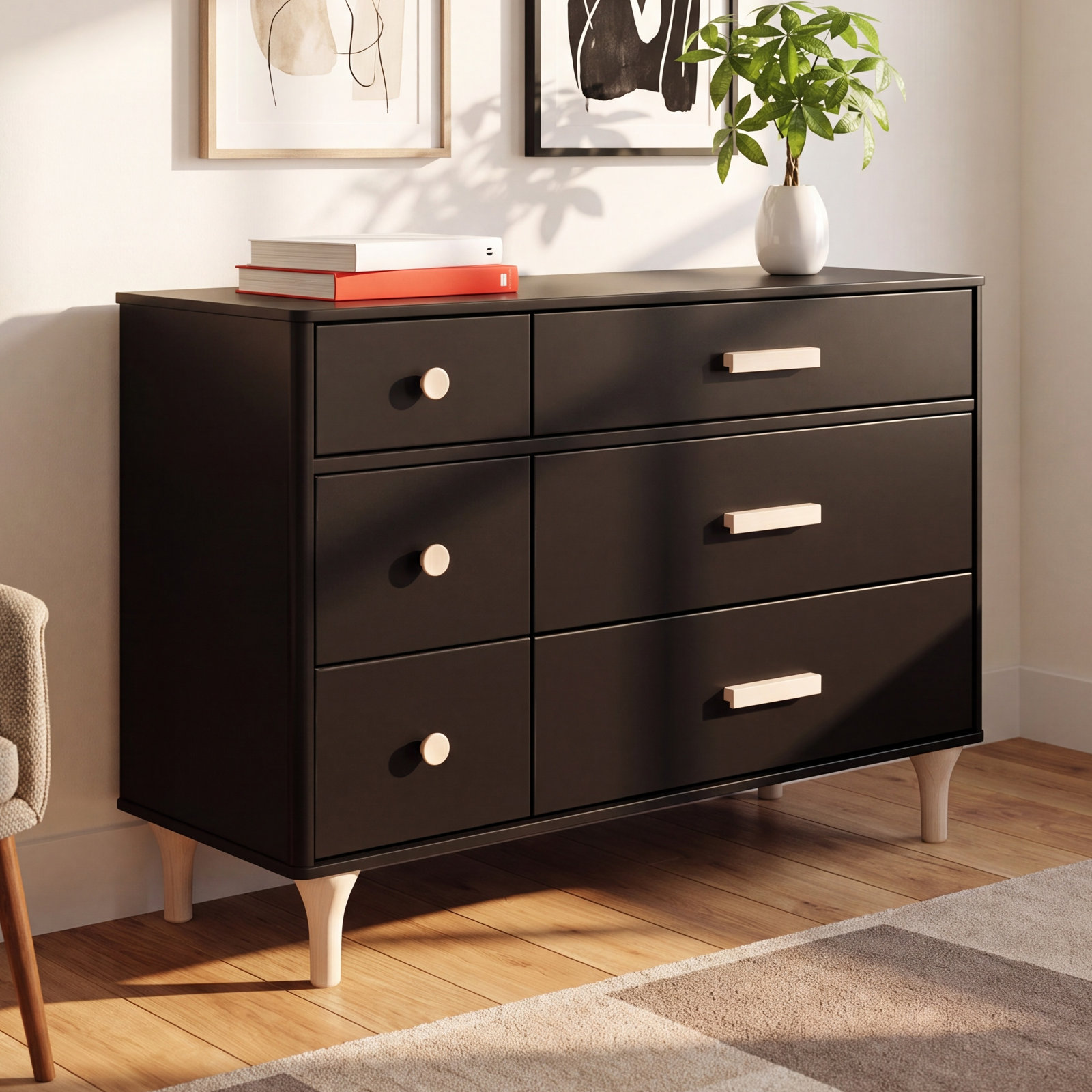 Lolly 6-Drawer Assembled Double Dresser, Black/Washed Natural