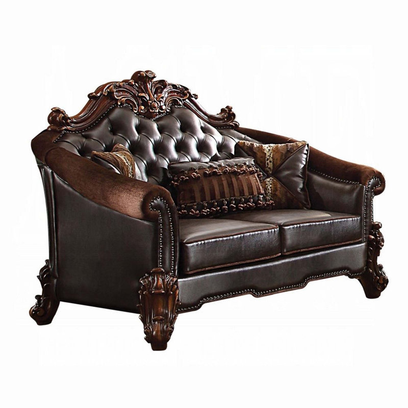 Cabildo Rolled Arm Sofa in Bone and Gold Patina, Brown Faux Leather, 48" H x 89" W x 43" D