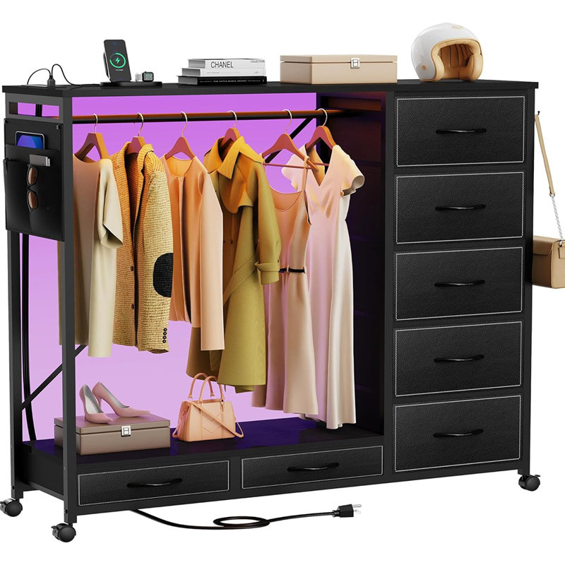 Commode avec support suspendu, commode pour chambre à coucher avec lumières à DEL et station de charge, coffre de rangement à 7 tiroirs avec crochets et poches latérales, noir