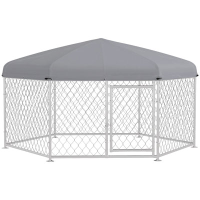 Piste pour chien de 6,9 pi x 6,1 pi x 4,9 pi avec toit imperméable et résistant aux rayons UV, porte verrouillable, pour chiens de taille moyenne et grande, argent