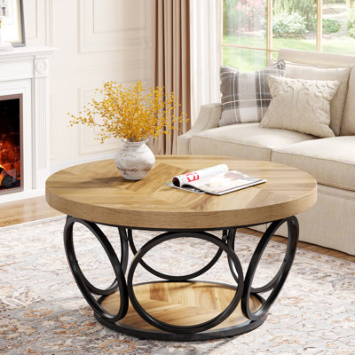 Round Coffee Table,80cm Round Wood Center Table, Farmhouse Large Circle Coffee Tables With 2-tier Storage