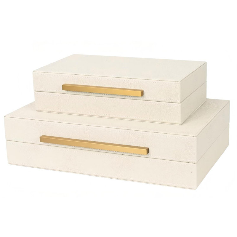Beige Shagreen Decorative Storage Boxes – Set of 2 Faux Leather Jewelry & Memory Boxes with Gold Metal Handles, Nesting Photo Organizers
